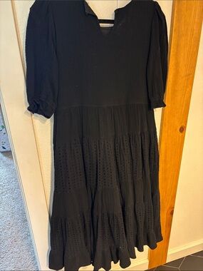 Black Midi Dress with Eyelet Skirt - Women's